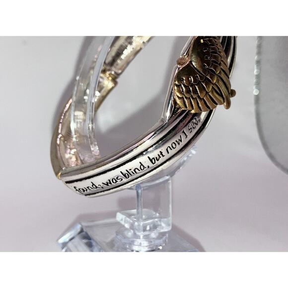 NWOT! Two-Tone Angel Wing Amazing Grace Prayer Stretch 2 5/8" Bracelet! - Picture 3 of 8